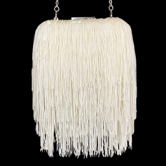 INC Colie Evening Formal Prom Party Cream Fringe Clutch Crossbody Bag Women's - Picture 10 of 10